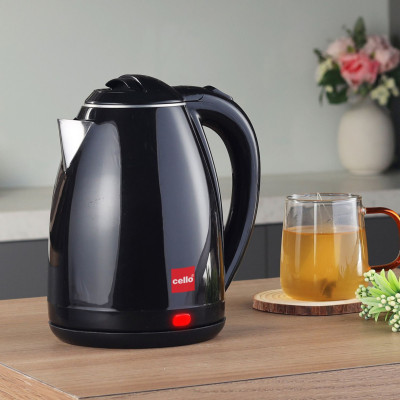 cello Pluto Quick Boil 1350 Watts Double Wall Cool Touch Outer Body Stainless Steel Electric Kettle (1.5 L, Black)